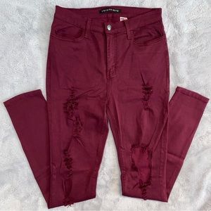 NWOT Fashion Nova High Rise Burgundy Distressed Ripped Stretch Jeans Size 13